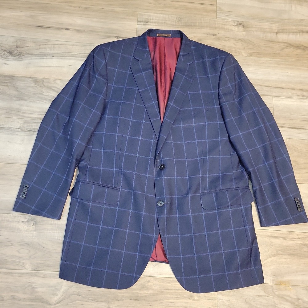 Peter Millar Blazer Jacket 46T Blue 100% Wool Windowpane Sport Coat Two-Button